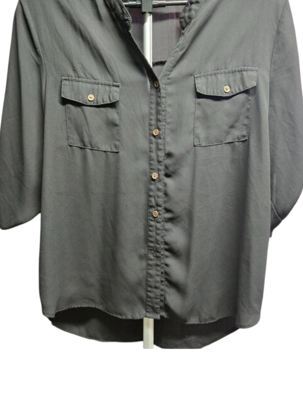 Love Fire Black Button Front Blouse Roll Tab Sleeves Size XL